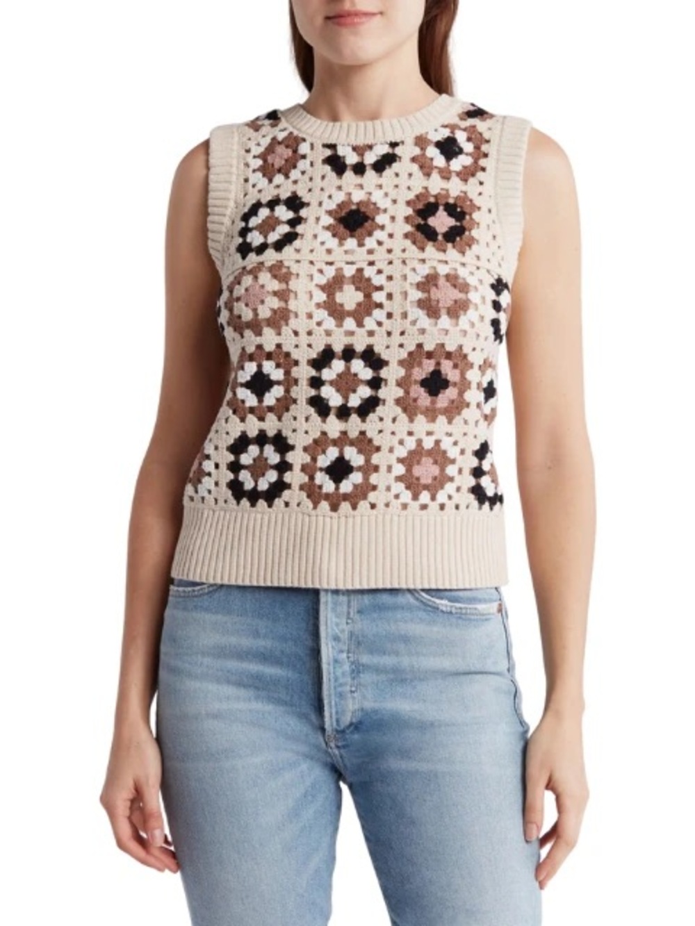 Design History 365 Granny Square Crochet Tank Top Cream Brown Boho